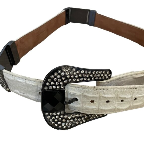 White Crocodile Embossed Leather Belt With Rhinestone Buckle & Tip By Los Altos - Picture 13 of 15